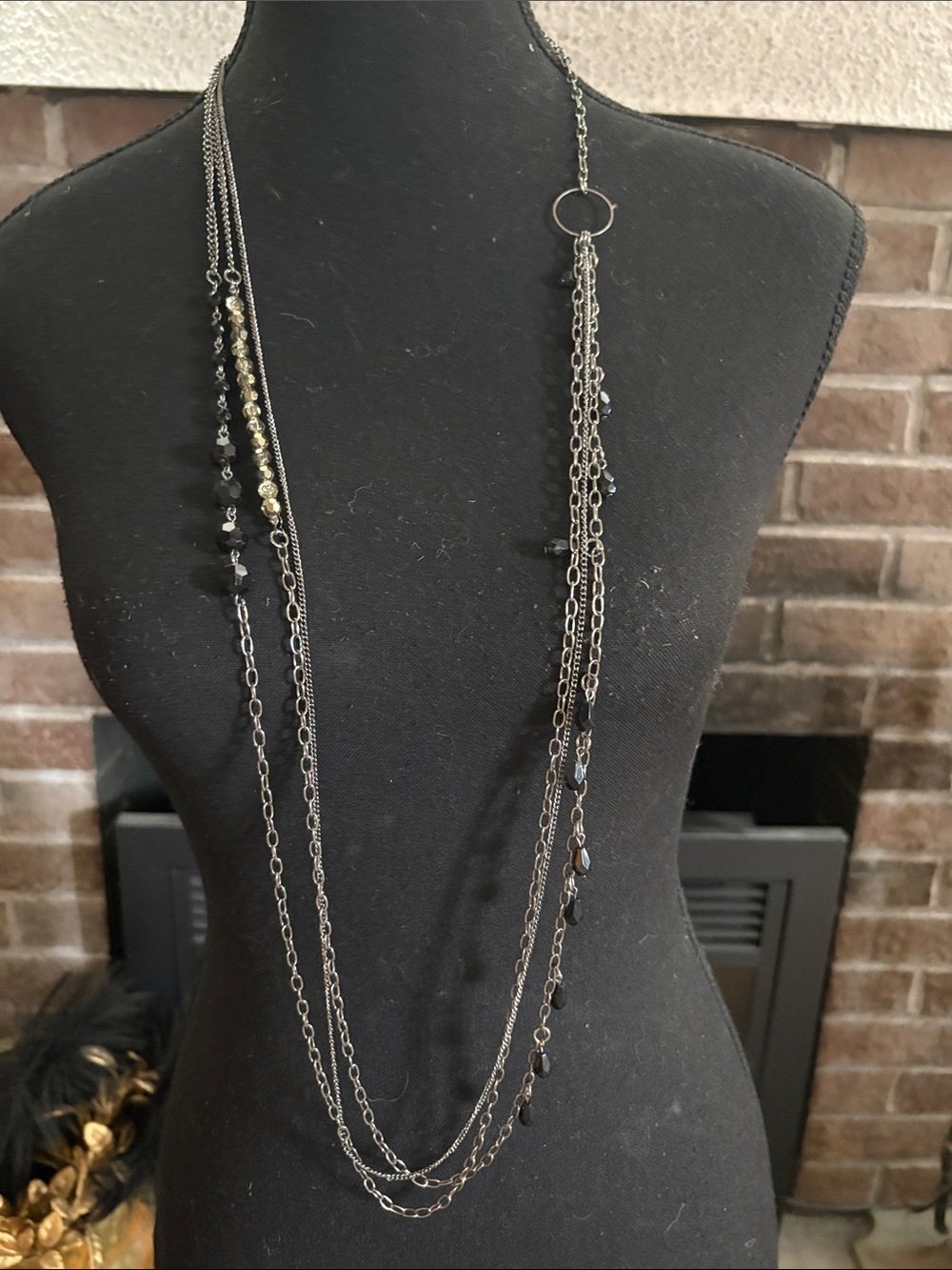 Vintage Black and Gold Multi-Strand Pendant Necklace